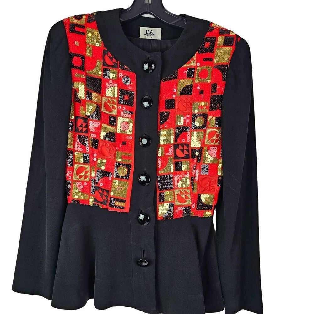 Helga Women's Vintage‎ Size 6 Black Red Gold Sequin Blazer Jacket